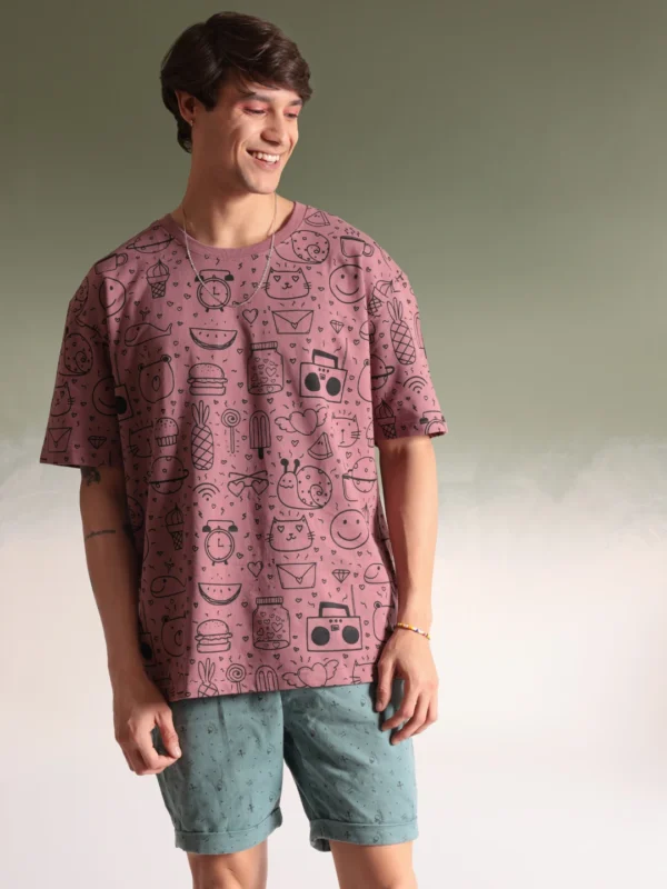 Men Doodle Art Pink Oversized Tshirt