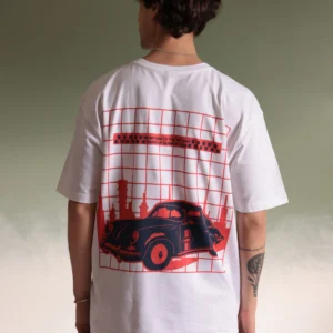 Men Retro Car White Oversized T-shirt 01