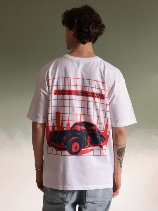 Men Retro Car White Oversized T-shirt 01
