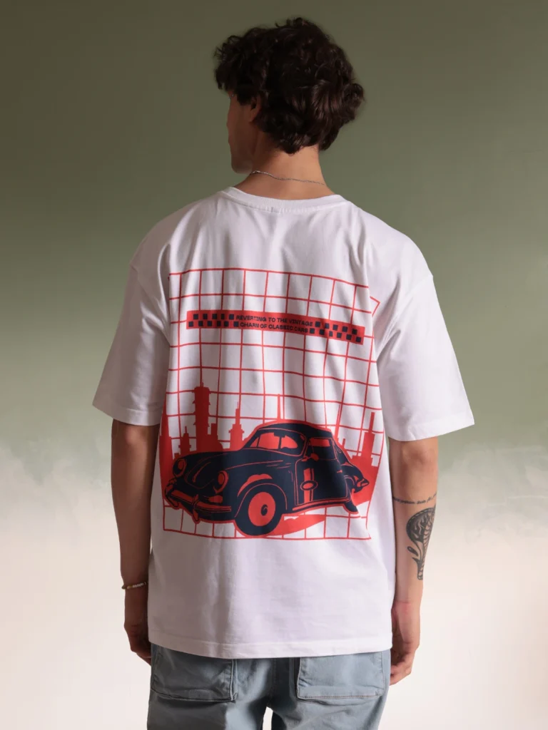 Men Retro Car White Oversized T-shirt 01