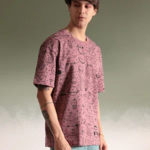 MEN DOODLE ART PINK OVERSIZED TSHIRT